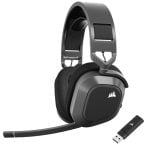 Gray-and-black over-ear gaming headset with connected microphone and USB wireless dongle; padded headband and Cushioned ear cups (Corsair logo on ear cup).
