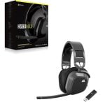 Corsair HS80 MAX wireless gaming headset with mic and USB dongle shown beside its packaging box.