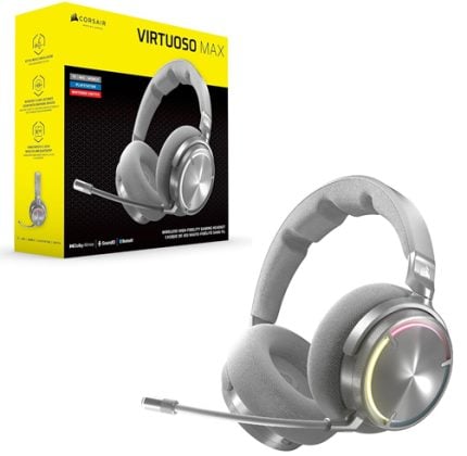 Corsair Virtuoso Max gaming headset beside its yellow-and-black box, with silver ear cups and attached mic on white background.