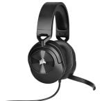 Black wired over-ear gaming headset with a boom mic and Cushioned ear cups, featuring a Corsair logo on the earcup.