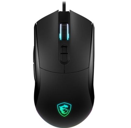 Top-down view of a black wired gaming mouse with illuminated scroll wheel and a teal-glowing MSI shield logo.