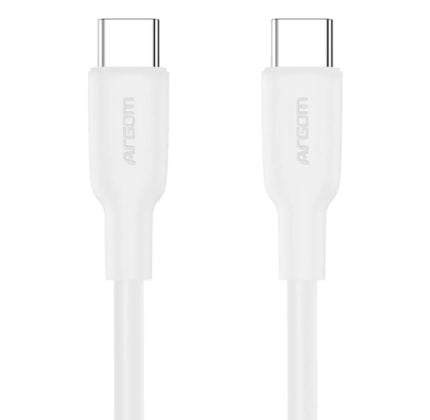 Two white USB-C cables with USB-C connectors facing up, placed side by side.