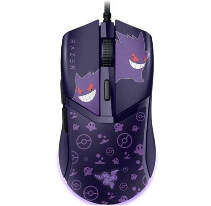 Purple wired gaming mouse from Razer featuring Gengar artwork and a patterned lower shell, with side grips and RGB accents.
