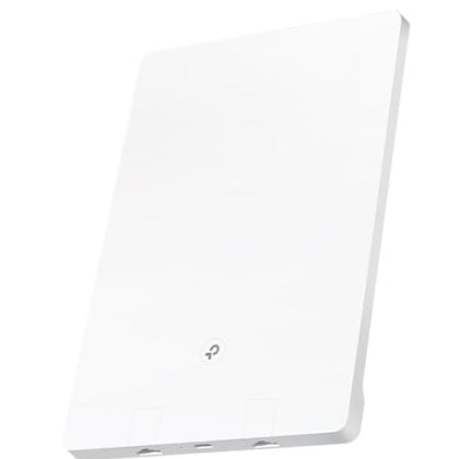 White wireless access point with a smooth rectangular housing and ports at the bottom, viewed in perspective.