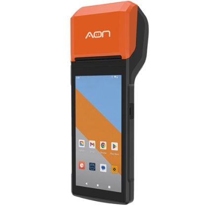 Rugged handheld Android device with an orange top section and a touch screen showing app icons on a diagonal wallpaper.