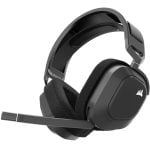 Black Corsair gaming headset with attached mic, cushioned ear cups, and adjustable headband.