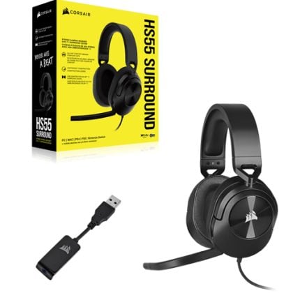Corsair HS55 Surround gaming headset with USB adapter and yellow product box on a white background