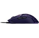 Purple wired gaming mouse with side buttons and icon pattern, shown from the side on a white background.