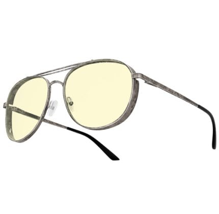 Silver aviator sunglasses with pale yellow lenses and black temple tips