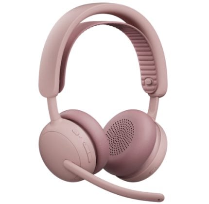 Pink over-ear wireless headphones with an attached boom microphone for calls and gaming.