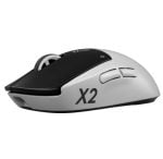White and black X2 wireless computer mouse with scroll wheel and two side buttons, shown in profile.