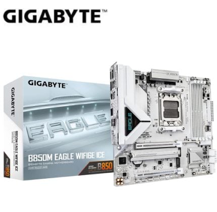 Gigabyte B850M Eagle WiFi motherboard with its box, showing Eagle branding on the packaging and board.