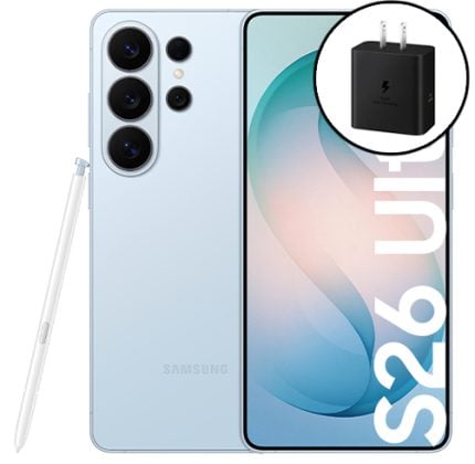Samsung Galaxy smartphone with S Pen stylus beside it; a circular inset shows a wall charger icon to indicate charging accessory.