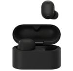 Sony true wireless earbuds in matte black charging case, case open with earbud seated inside.