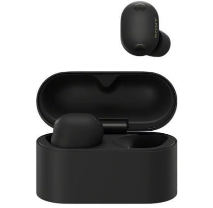 Sony true wireless earbuds in matte black charging case, case open with earbud seated inside.