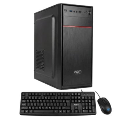 Black desktop computer tower with a wired keyboard and mouse on a white background.