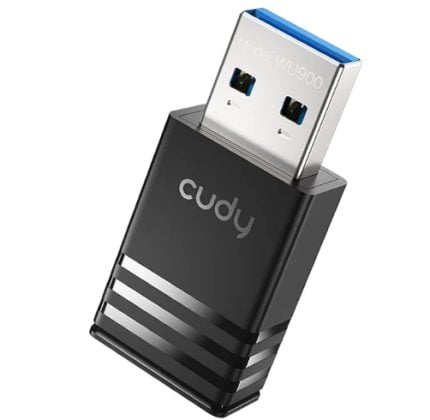 Cudy USB 3.0 adapter dongle with a black body and a blue-highlighted USB-A male connector (Model WU9000).