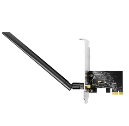 Wireless PCIe Wi‑Fi network card with an external black antenna attached to a metal bracket.