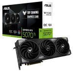 ASUS TUF Gaming GeForce RTX 5070 Ti graphics card with triple-fan cooler, shown beside its black-and-green packaging with OC 16GB branding.