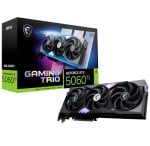 MSI GeForce RTX 5060 Ti Gaming Trio graphics card with three fans, placed beside its green-and-black box.