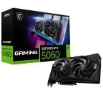 MSI GeForce RTX 5060 graphics card with dual fans beside its green-and-black packaging (8GB GDDR7).