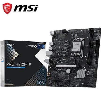 MSI PRO H810M-E motherboard shown upright next to its black packaging box featuring the MSI logo.