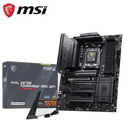MSI MAG X670E Tomahawk MAX WiFi motherboard with rear I/O shield and antenna pack in front of the box art