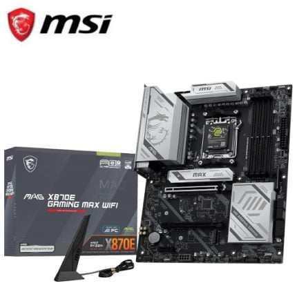 MSI MAG X370E Gaming Max WiFi motherboard with wireless antenna and packaging nearby.