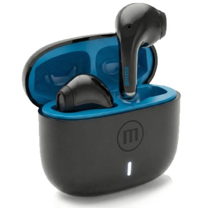 Wireless earbuds in a black charging case with blue interior, one earbud raised to show fit.