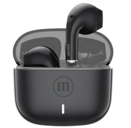 Wireless earbuds with charging case open, showing two black earbuds and a lit indicator on the front of the case.