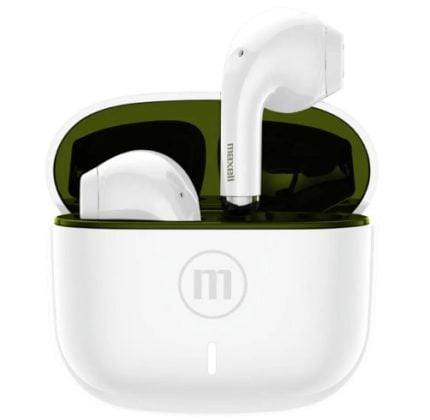 Maxell white true wireless earbuds in open charging case with a green interior lid visible in the background.