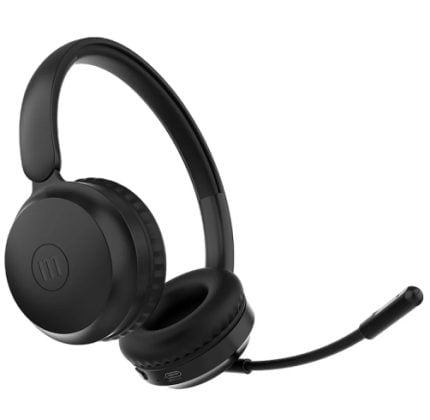Over-ear black gaming headset with adjustable headband and attached boom microphone