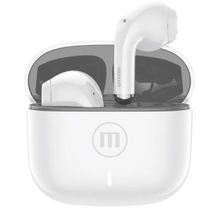 White wireless earbuds in charging case with open lid, showcasing the earbuds inside the case center logo 'm' on front field.