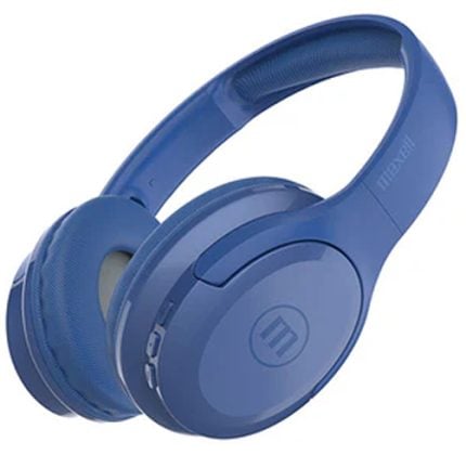 Blue over-ear headphones with padded headband, side view
