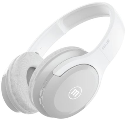 White over-ear wireless headphones with padded ear cups and an adjustable headband, shown at angle.