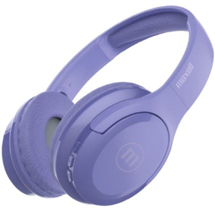 Purple over-ear headphones with cushioned ear pads and headband (Maxell branding) for wireless listening, showing side profile and soft purple color.