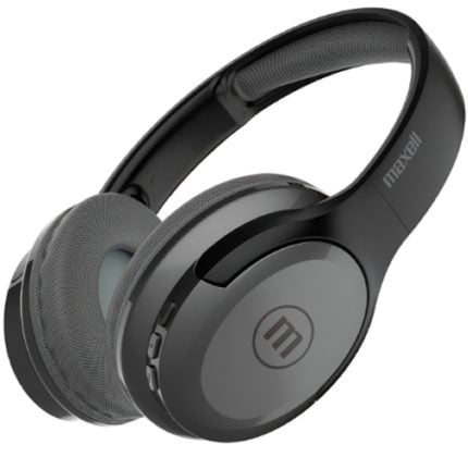 Maxell over-ear headphones in black with gray cushioned ear cups and headband, shown at an angle.