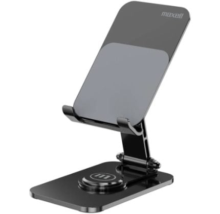 Adjustable smartphone stand with a foldable cradle and built-in wireless charging pad on a black base (Maxell).