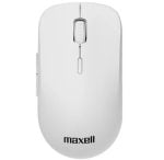White Maxell wireless mouse with scroll wheel, front view and subtle side buttons visible on the left edge.