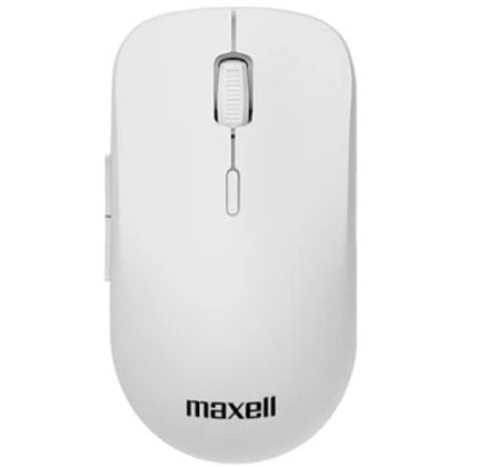 White Maxell wireless mouse with scroll wheel, front view and subtle side buttons visible on the left edge.