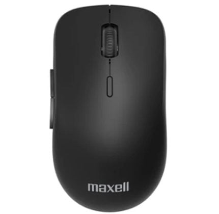 Black wireless computer mouse with scroll wheel and side buttons, branded Maxell on the bottom.