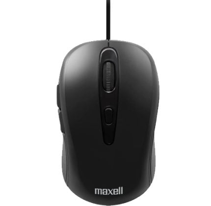 Wired black computer mouse viewed from above with scroll wheel and Maxell branding at the bottom