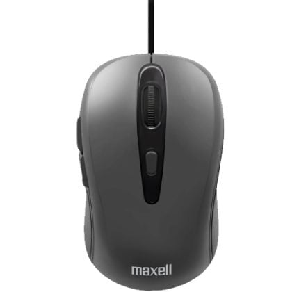 Top-down view of a gray wired computer mouse with scroll wheel and 'Maxell' branding at the bottom