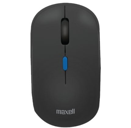 Top-down view of a black wireless computer mouse with a blue scroll/navigation button and the Maxell logo.