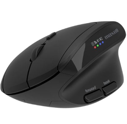 Maxell wireless mouse with Bluetooth indicator lights and side forward/back buttons.