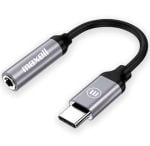 Maxell USB-C to 3.5mm headphone jack adapter with metal gray housing.
