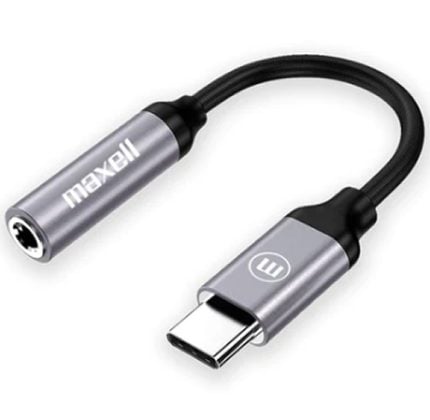 Maxell USB-C to 3.5mm headphone jack adapter with metal gray housing.