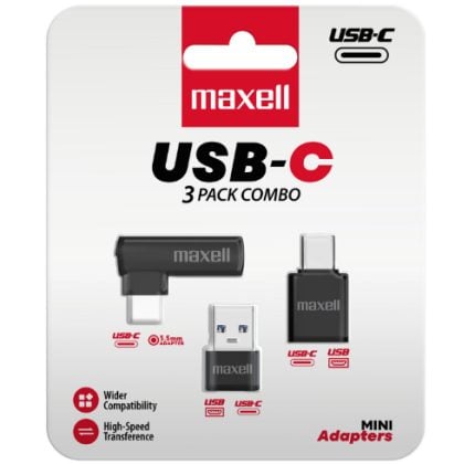 Packaging for Maxell USB-C 3-pack adapters featuring three small adapters on a white background with red Maxell logo
