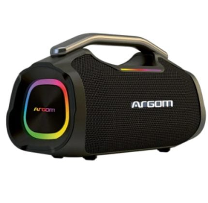 Portable Bluetooth speaker with a rainbow LED ring around the speaker grille and a built-in handle, black body with ARGOM branding on the front.