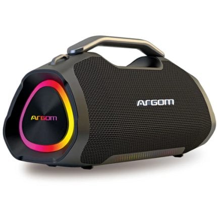 Black Argom portable Bluetooth speaker with a cylindrical mesh body, colorful ring LED lights around the front panel, and a top carrying handle.